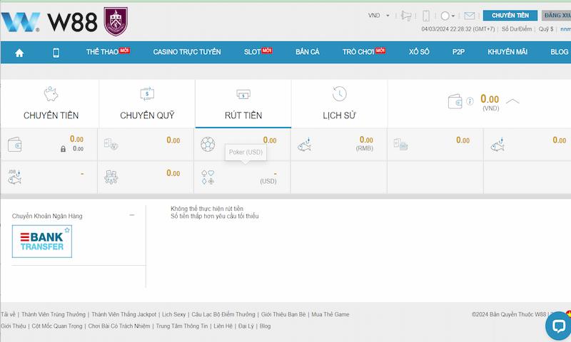 Cách rút tiền W88 về tài khoản ngân hàng